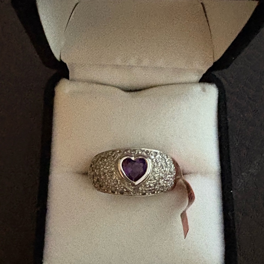 14k amethyst and diamond white gold heart ring size 7